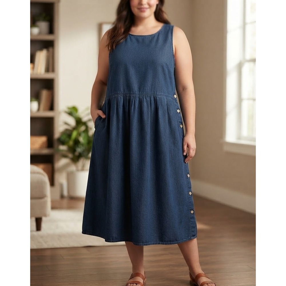 LL Bear Denim Sleeveless Midi Dress Blue Cotton Side Button Pockets Plus Size 20